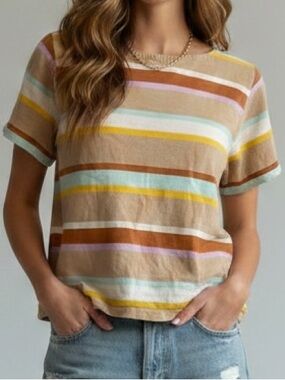 Madewell Striped Short Sleeve 100% Cotton Crop Tee | Size XL
